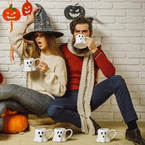 White Ghost Coffee Mug Set - 4 Pieces Halloween Ceramic Cups 11 oz - Ghost Face Design