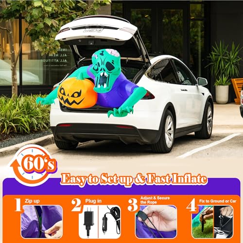 7ft Inflatable Green Zombie Car Decorations Kit for Trunk or Treat Halloween Outdoor Yard with Built-in LEDs