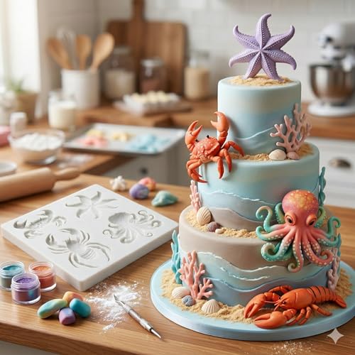 Marine Theme Silicone Mold Crab Starfish Octopus Cake Decorating Fondant Mold - Style K