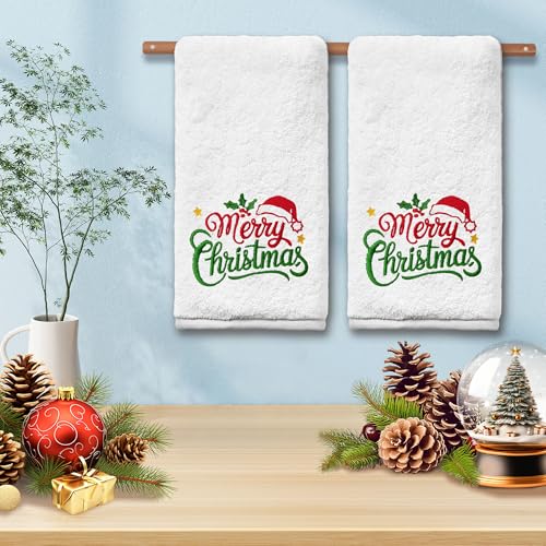 Christmas Hand Towels Set of 2 - Red Hat Holiday Bathroom Decor 14x30 Inches