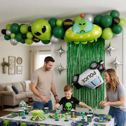 Alien Balloon Arch Kit Space Party Decorations with Foil Balloons & Fringe Curtain