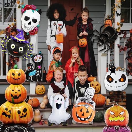 Halloween Foil Balloons Set - 9pcs Ghost, Pumpkin, Spider, Skeleton, Black Cat Party Decorations