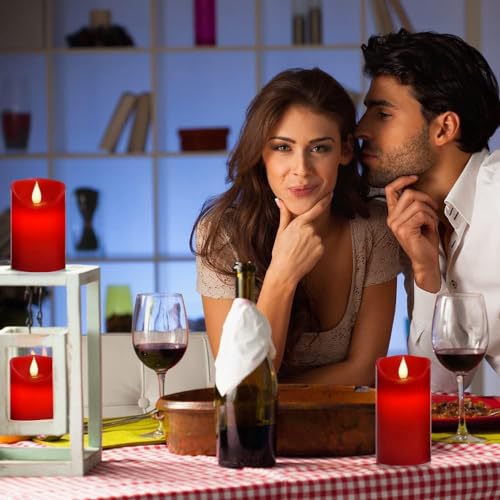 Real Wax Flameless Candles Set - 3 Red Pillar Candles with Remote & Timer