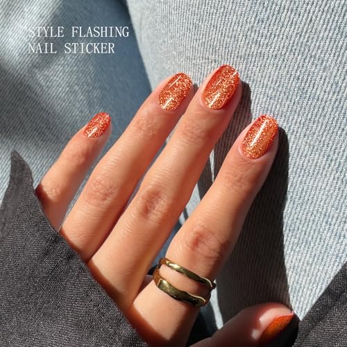Semi Cured Gel Nail Strips - Orange Glitter Nail Art Sticker Wraps - 20 Pack