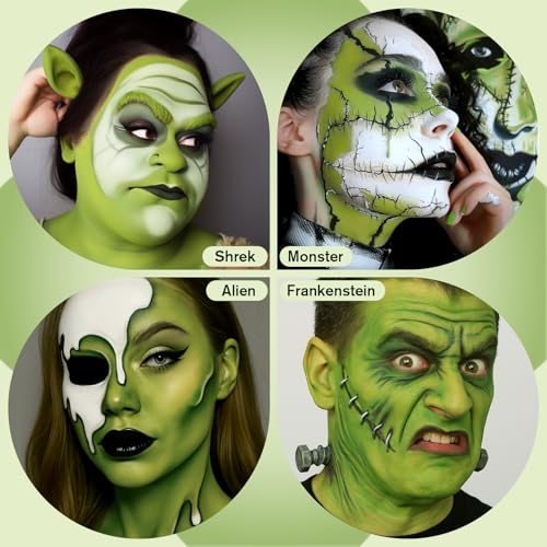 Kids & Adults Halloween Face Paint Set with Brushes - Black White Ogre Green Variation