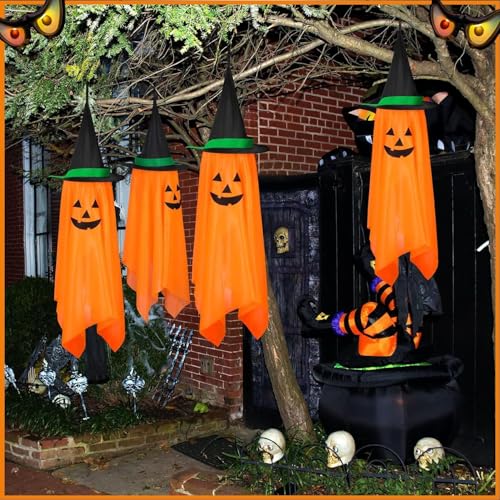 Halloween Hanging Pumpkin Witch Hat Decorations Set - Outdoor Reusable Fall Yard Ornaments