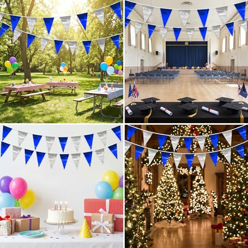 Navy Blue Silver Glitter Triangle Pennant Banner - 130ft Party Flags for Weddings Graduation Christmas