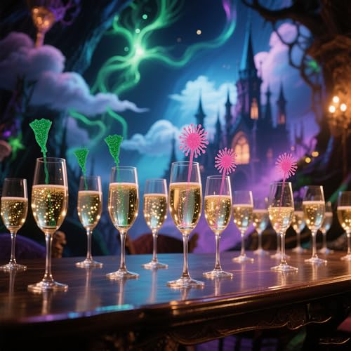 Pink and Green Party Drink Stirrers Set - Glitter Princess Crown & Witch Hat