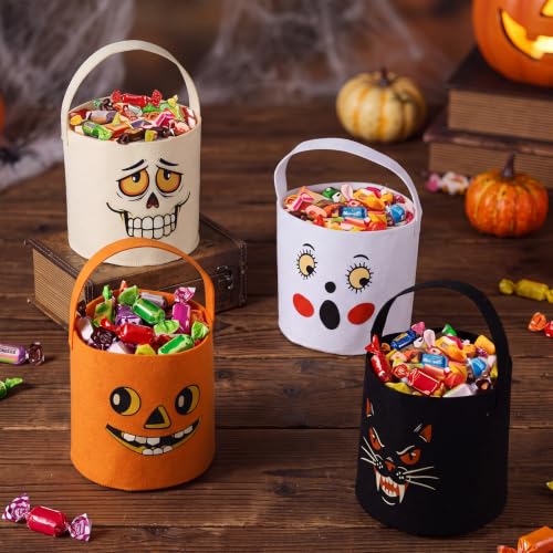 Vivid Style Halloween Candy Baskets Set of 4 with Handles - Ghost, Black Cat, Skeleton Designs