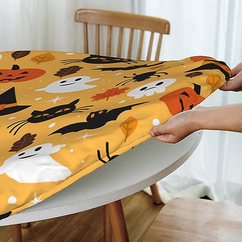 Halloween Ghost Pumpkin Round Fitted Waterproof Tablecloth - 44 Inch Elastic Edged for Indoor Outdoor Use