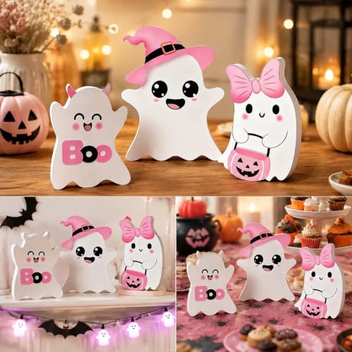 Halloween Ghost Decorations Set - 3 Pink Indoor Spooky Decor with Variation D