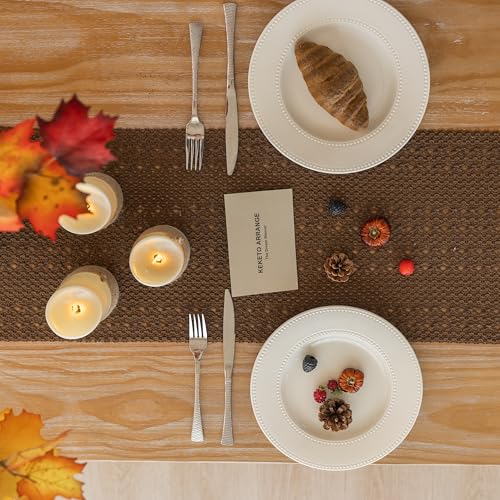 Boho Macrame Table Runner 13x48 Inch - Rustic Linen Blend for Thanksgiving & Holiday Decor - Brown / 48 Inch