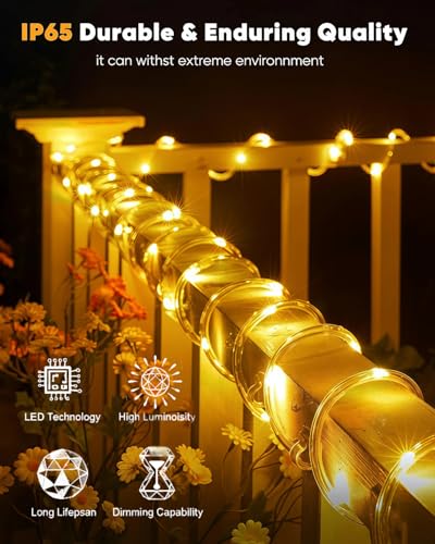 Solar Rope Lights 33FT 100LED Outdoor String Lights with 8 Modes - Warm White
