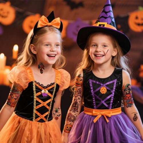 Halloween Temporary Tattoos for Kids - Full Arm Sleeve Pumpkin Design, 52 Sheets, Water-Resistant Fun