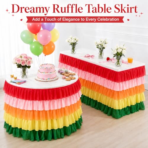 Pastel Rainbow Tulle Table Skirt 5-Layer Chiffon Ruffle 6FT 9FT for Rectangle & Round Tables