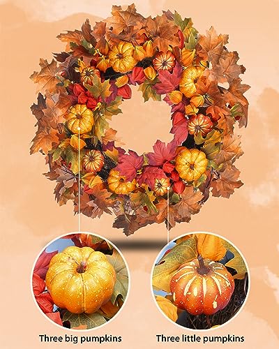 Large 24 Inch Autumn Fall Wreath for Front Door with Pumpkins and Leaves