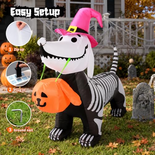 5.5 Ft Inflatable Halloween Skeleton Puppy with LED Lights for Outdoor Yard Decor