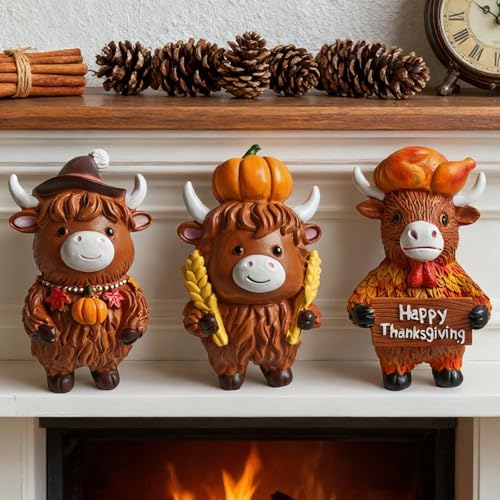 Thanksgiving Highland Cow Figurines - 3 Piece Resin Farmhouse Decor Set