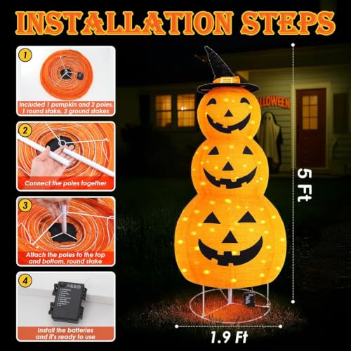 5Ft Collapsible Halloween Pumpkin Decorations with 100 LED & 8 Modes - Battery Operated, Indoor Outdoor Yard Party Fall