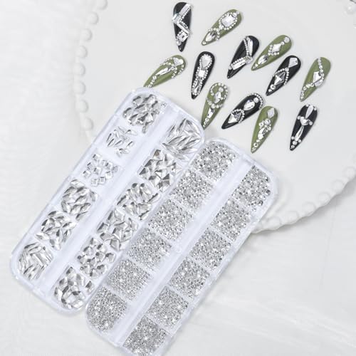 16# White Nail Rhinestones Kit - Multi-Shape Flat Back Crystals for Manicure & Nail Art