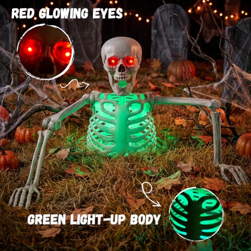 Halloween Half Skeleton Decoration with Red Glowing Eyes & Green Light-Up Body - Posable Arms Outdoor Yard Decor