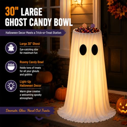 Large White Ghost Candy Bowl Halloween Decoration with Lighted Remote Control for Porch Yard