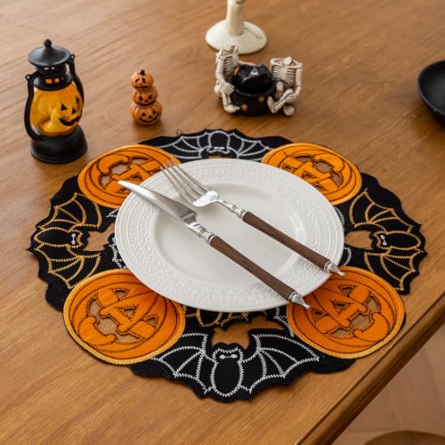Halloween Placemats Set of 4 - Bats & Pumpkins Embroidered Table Mats, 14 Inch Round