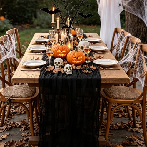 Black Halloween Table Runner 10ft Cheesecloth Boho Party Decor - 6 Pieces