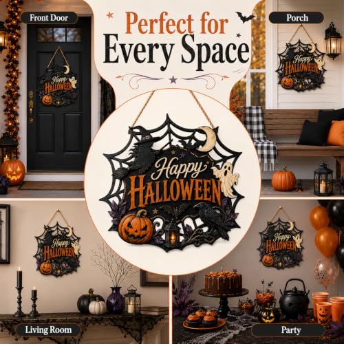 Wooden Halloween Wreath for Front Door Indoor Outdoor Decor - Pumpkin Ghost Witch Design