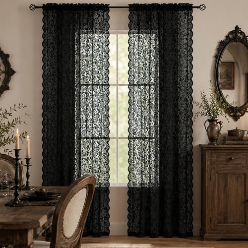 Black Sheer Lace Curtains Set of 2 - 52W x 96L Victorian Gothic Window Panels - Variation: Black / 52"W x 96"L