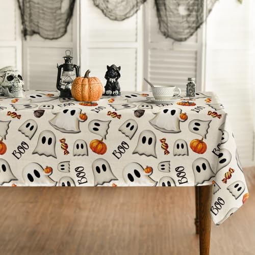 Halloween Tablecloth 60 x 84 Inch Rectangular Ghost Pumpkin Beige - Durable Polyester
