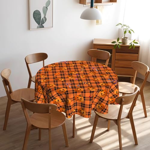 Halloween Pumpkin Lollipop Circular Tablecloth - 60 Inch Orange Buffalo Plaid Fall Decor