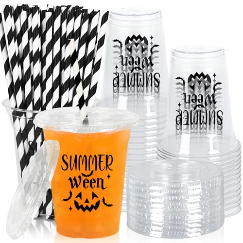 Summerween Disposable Plastic Cups Set with Lids & Straws - Black Pumpkin 12oz, 50 Pack