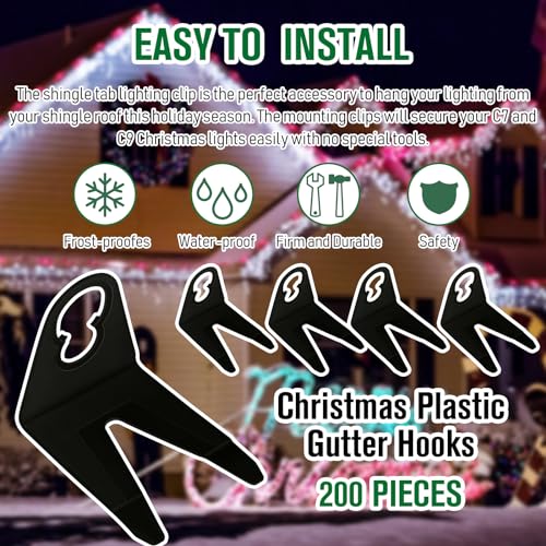 Black Christmas Light Clips 200 Pcs for C7 C9 Bulbs - Outdoor Shingle Light Mounts