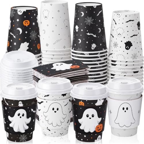Halloween Ghost Coffee Cups Set - 48 Disposable 8 oz Cups with Lids & Sleeves - Black & White Variation