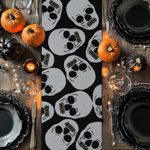 Halloween Beaded Table Runner with Skulls - Black & White 13x36 Inch - Variation of Skull / 13x36