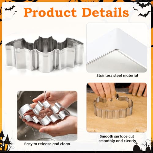 Halloween Cookie Cutters Set - Stainless Steel Bat Witch Hat Pumpkin Ghost Cat with Variation - Silver Halloween Baking Molds