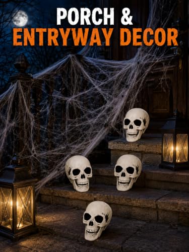 Halloween Skeleton Decor Set with 4 Plastic Skulls, Cobweb & 20 Spiders