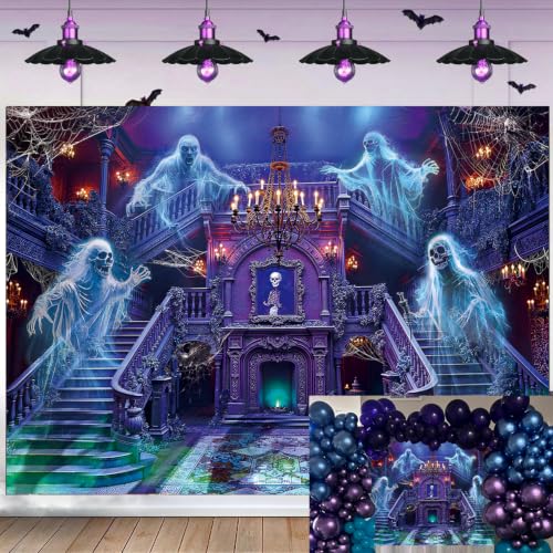 Halloween Haunted Mansion Backdrop Banner 7x5FT Ghost Staircase Spooky Castle Photo Booth Decor