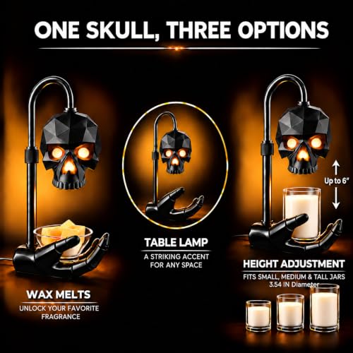 Glossy Gothic Skull Candle Warmer Lamp with Timer & Dimmer - Home Decor