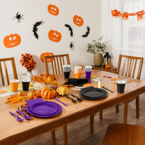 Halloween Paper Plate and Napkin Set for Party, 60 Guests, Black Orange Purple
