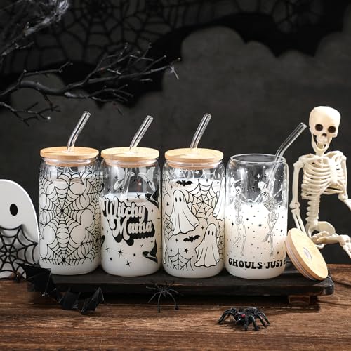 Halloween White Black Glass Cups with Lid & Straw - 4 Pcs 16 oz Ghost Skeleton Spiderweb Design
