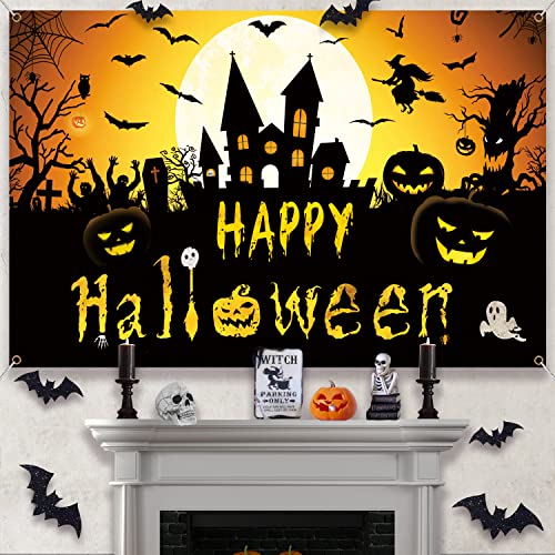 Halloween Banner with Witch, Pumpkin & Bat Decorations for Indoor Parties