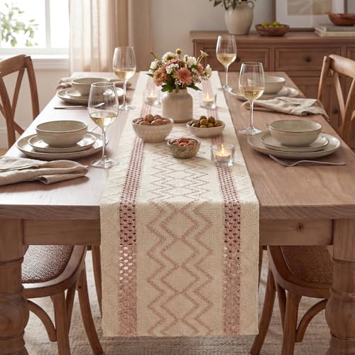 Pink Stripe Diamond Woven Table Runner 12x72 Inch - Durable Home Decor