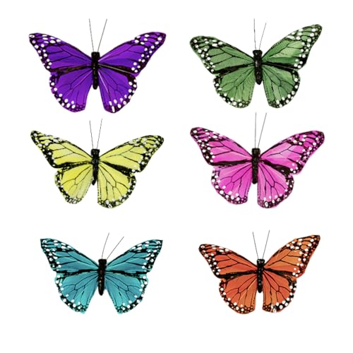 Feather Butterfly Decorations Set of 12 - Handmade Wire Monarch Garden Ornaments