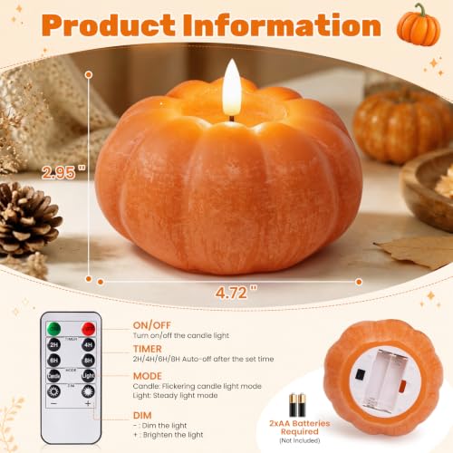 Flameless Pumpkin Candle - Orange Fall Decor, Real Wax Texture, Remote Control