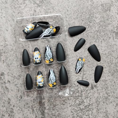 Halloween Fake Nails Press On Almond Nails Ghost Design Black Matte Full Cover