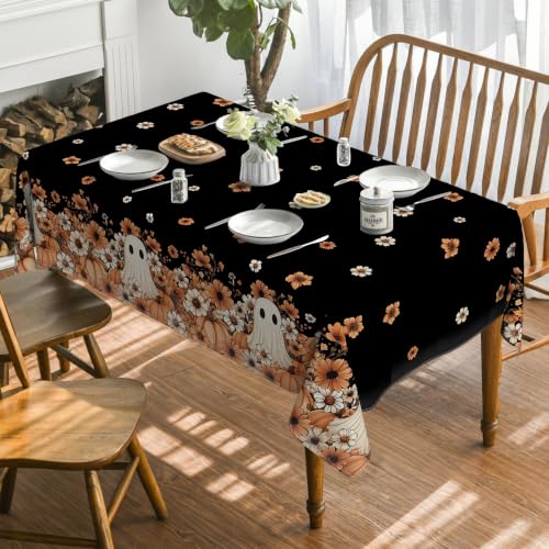 Halloween Tablecloth 60 x 140 Inch Rectangular Ghost Flower Black - Horaldaily