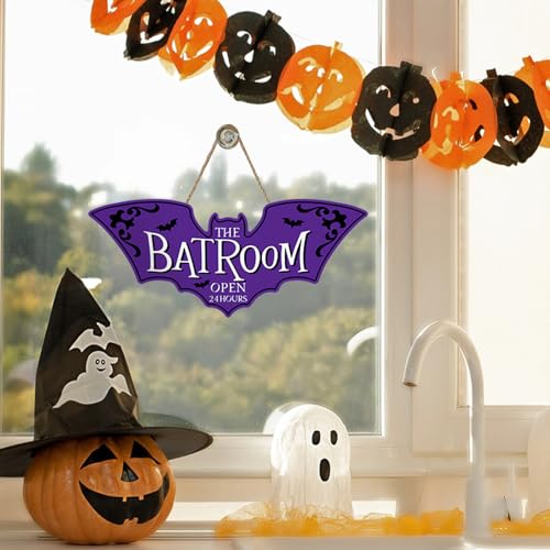 Bolisom Bat Shaped Door Sign - The Batroom Open 24 Hours, Purple Gothic Halloween