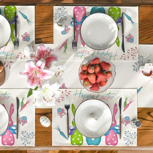 12x18 Inch Bunny Easter Placemats Set of 4 - Spring Table Decor, Rectangular Blue & Pink